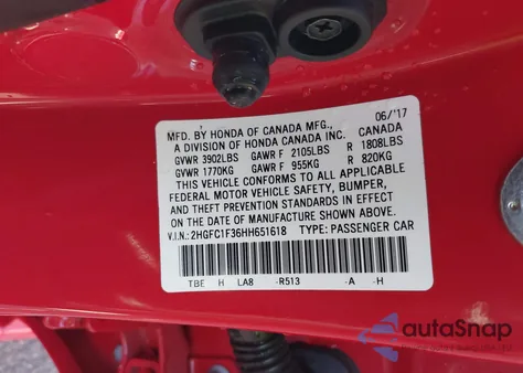 2017 Honda Civic Ex-T from USA, damaged, VIN 2HGFC1F36HH651618